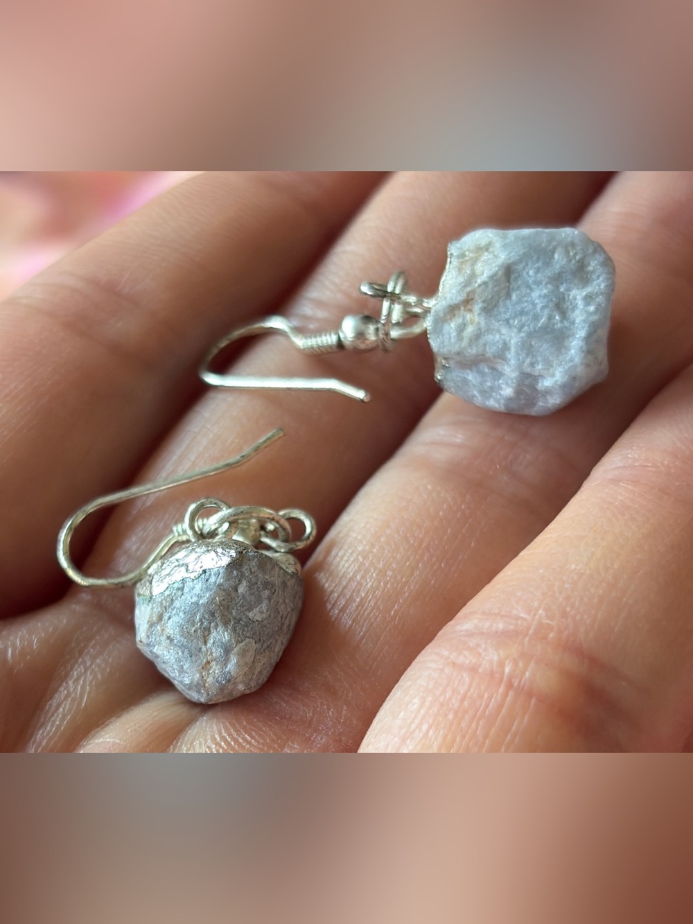 Handcrafted Natural Raw UV-reactive Blue Chalcedony/Agate Earrings w Silver Caps